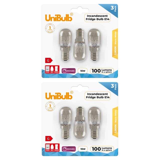 UniBulb Fridge / Oven / Salt Lamp Pygmy E14 Small Edison Screw (SES) 100lm 15W 2800K (Warm White) Incandescent Dimmable Light Bulbs - Pack of 6