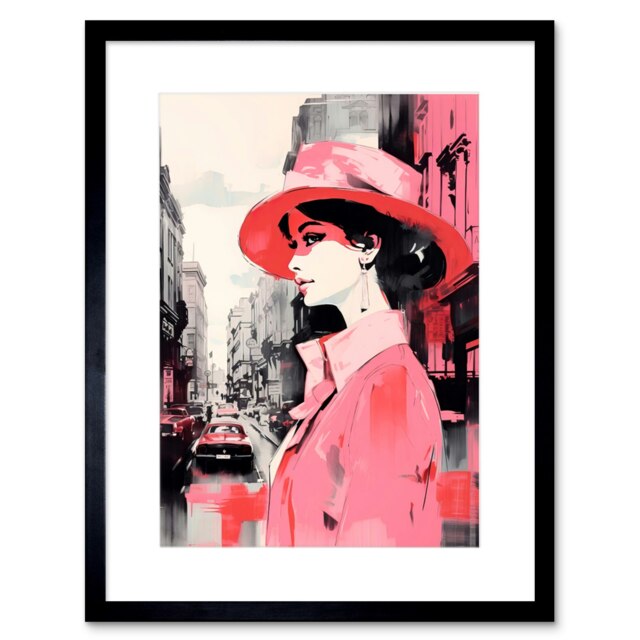 "Cityscape Woman Vintage Pink Fashion 9x7"" Black Framed Wall Art Print"