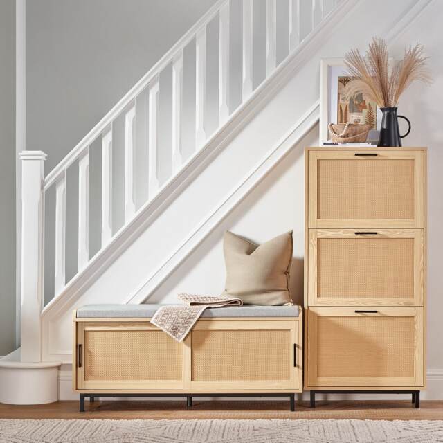 SoBuy Hallway Storage Bench with 2 Sliding Doors & Seat Cushion, Light Oak, 43.3x15.7x19.3 inches, 18 kg - FSR154-N