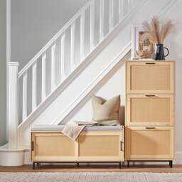 SoBuy Hallway Storage Bench with 2 Sliding Doors & Seat Cushion, Light Oak, 43.3x15.7x19.3 inches, 18 kg - FSR154-N