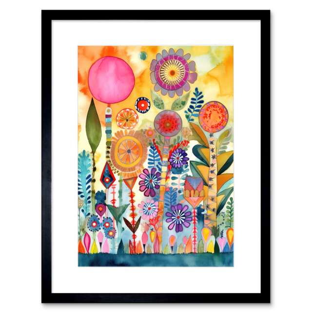 "Garden Flowers Spring Folk Art Watercolour Painting 9x7"" Black Framed Wall Art Print"