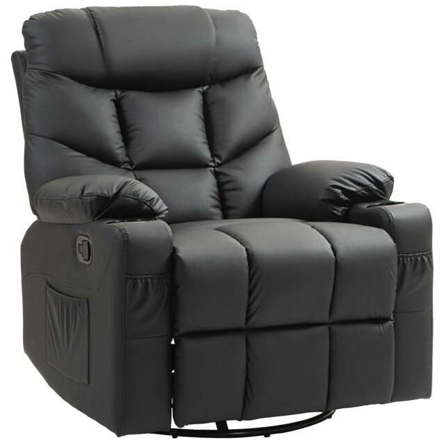 HOMCOM Recliner Armchair, Swivel PU Leather Manual Reclining Chair with Adjustable Leg Rest, Drink Holders, Side Pockets, Rocker Chair for Home Living Room, Black