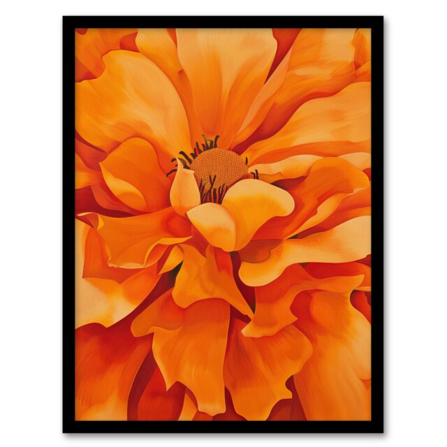 Orange Marigold Flower Modernist Floral Black Framed Wall Art Print A4