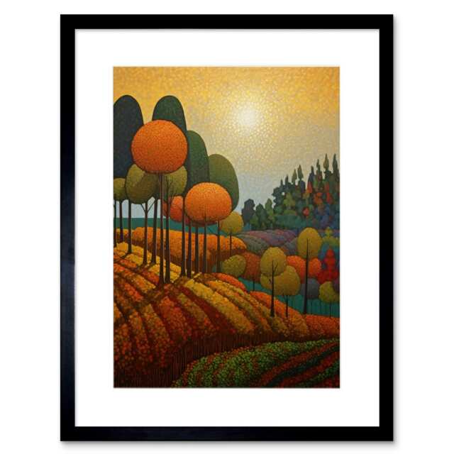 "Autumn Fields Pointillism Painting Countryside 9x7"" Black Framed Wall Art Print"