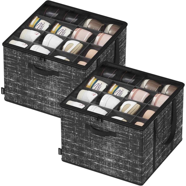 Set of 2 Shoe Storage Organisers, Fabric Closet Bins with Clear Covers and Carry Handles, Ink Black