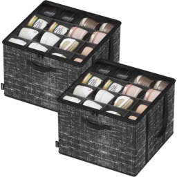 Set of 2 Shoe Storage Organisers, Fabric Closet Bins with Clear Covers and Carry Handles, Ink Black