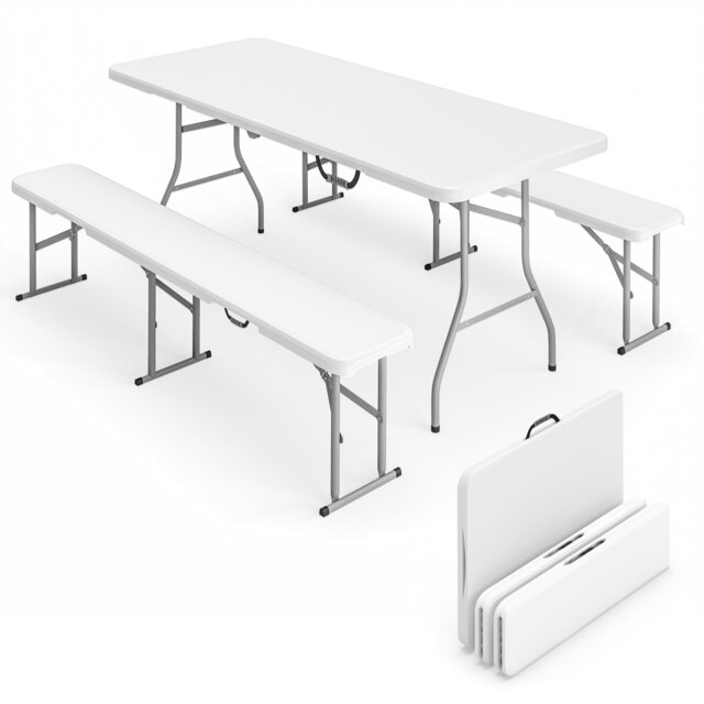 Outsunny 3 Piece 6ft Folding Picnic Table and Bench Set, Portable HDPE Camping Table and Chairs with Carrying Handles for Indoor Outdoor, Dining, Camping, Picnic, BBQ, Party, White