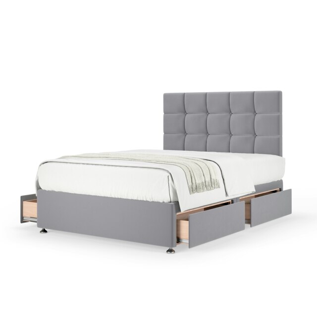 Ortho Classic Orthopaedic Silver Plush Velvet 4 Drawer Divan Set And Pearl Headboard King Size