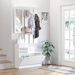 HOMCOM 2PC Shoes Storage Chest Cloths Rack Unit With Mirror Multiple Shelves Large Storage Capacity Shoes Cabinet 6 Hooks Cloth Rack White