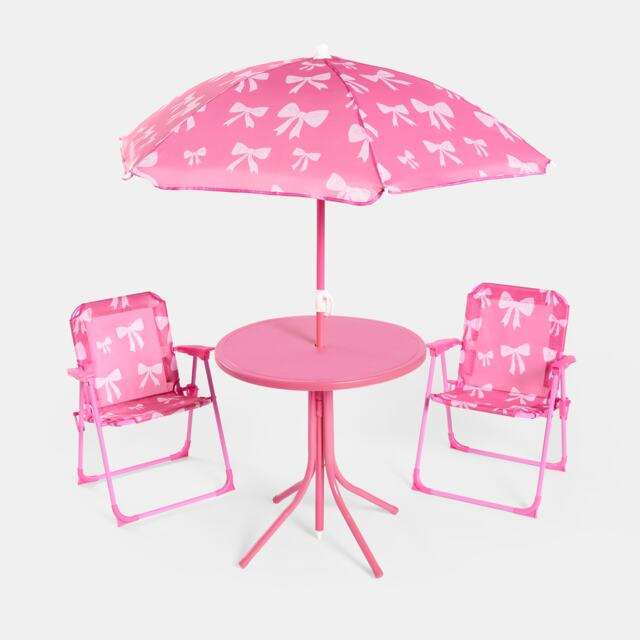 OHS Kids Bows Folding Bistro Set Table Chair with Parasol Garden Patio Pink Hot Pink