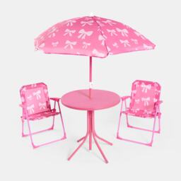 OHS Kids Bows Folding Bistro Set Table Chair with Parasol Garden Patio Pink Hot Pink