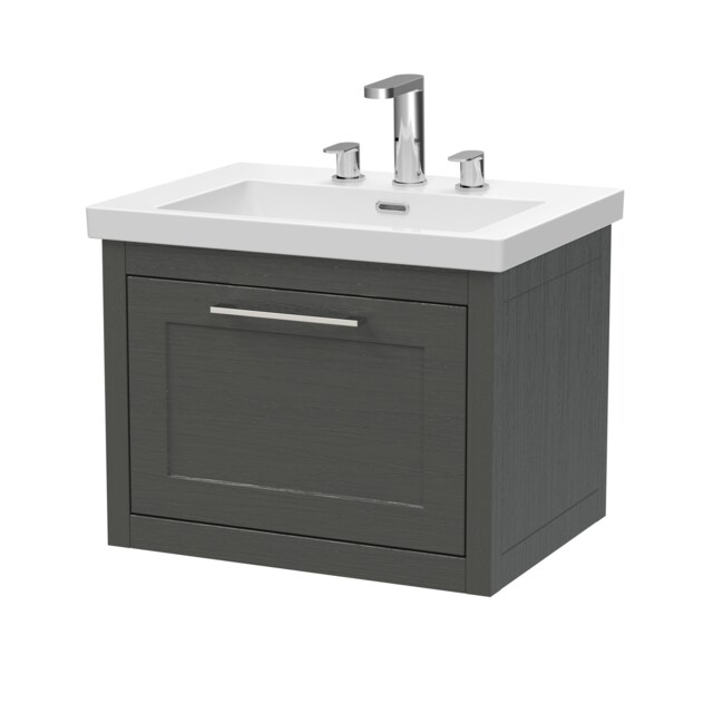 Balterley Traditional Bathroom Wall Hung 1 Drawer Vanity Unit and 3 Tap Hole Modern Fireclay Basin Grey Dark Lead