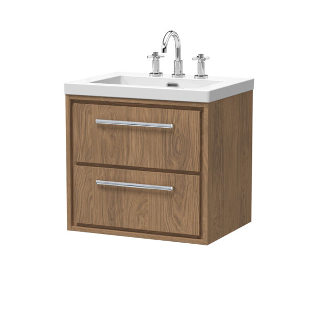 Balterley Longnor 2 Drawer Wall Hung Vanity Unit with 3 Tap Hole Modern Fireclay Basin, Antique Oak, 600mm