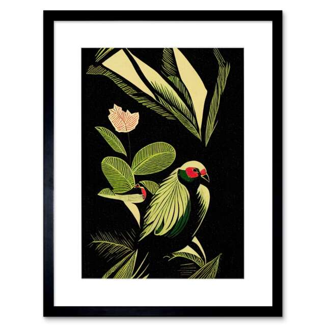 "Green Black Modern Vintage Tropical Plant Leaves Bird 9x7"" Black Framed Wall Art Print"