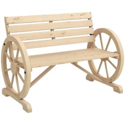 Outsunny 2 Seater Garden Bench w/ Wooden Cart Wagon Wheel Natural Brown