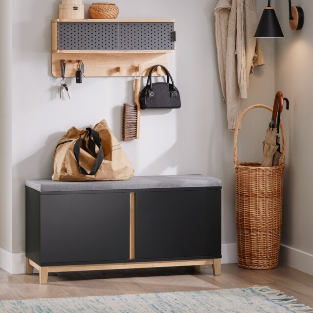 SoBuy Shoe Storage Bench with Removable Cushion, Black & Bamboo, 35.4x13.4x18.5 inches, 17.8 kg - FSR117-SCH