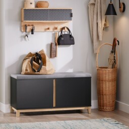 SoBuy Shoe Storage Bench with Removable Cushion, Black & Bamboo, 35.4x13.4x18.5 inches, 17.8 kg - FSR117-SCH