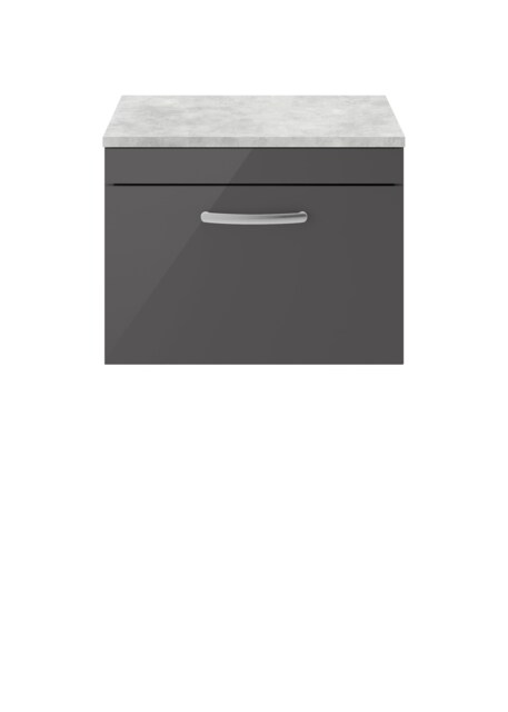 Balterley Millwich Contemporary 1 Drawer Wall Hung Vanity Unit with Laminate Black Galaxy Granite Worktop, Gloss Grey, 600mm
