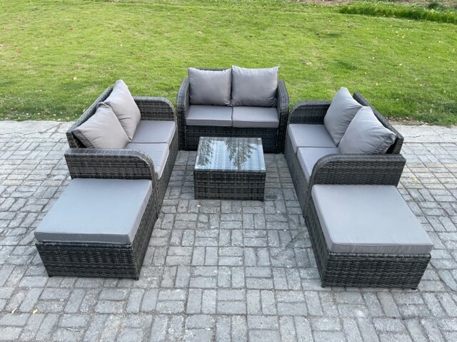 Fimous 8 Seater High Back Rattan Garden Furniture Set with Square Coffee Table 2 Big Footstool Love Sofa Indoor Outdoor Patio Lounge Sofa Set Dark Grey Mixed