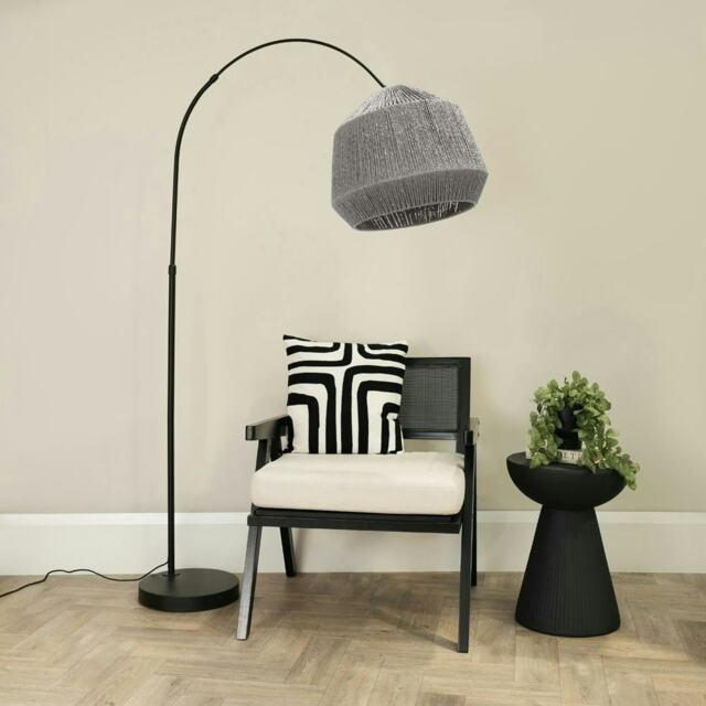 ValueLights Louis Black Arched Curved Floor Lamp Grey Rope Dome Shade