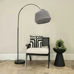ValueLights Louis Black Arched Curved Floor Lamp Grey Rope Dome Shade