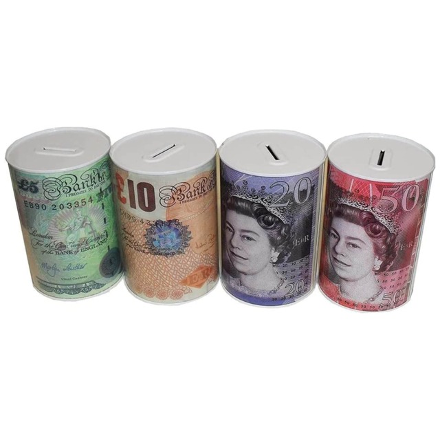 KAV Sterling Money Tin - Piggy Bank, Coin, Cash Money Box- Cylindrical Shape, Multicolour(15 cm x 10 cm)(1 RANDOM Tin)