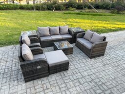 Fimous 8 Seater Garden Furniture Set Rattan Outdoor Lounge Sofa Chair With Tempered Glass Table 2 Side Tables Big Footstool Dark Grey Mixed