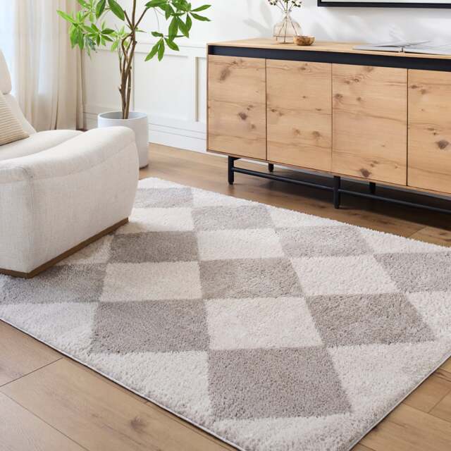 LIVABLISS Fossay Shaggy-Washable High Pile Diamond Rug 120 x 170 cm Beige Grey