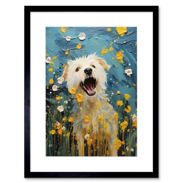 "Chasing Flowers White Terrier Spring Meadow 9x7"" Black Framed Wall Art Print"