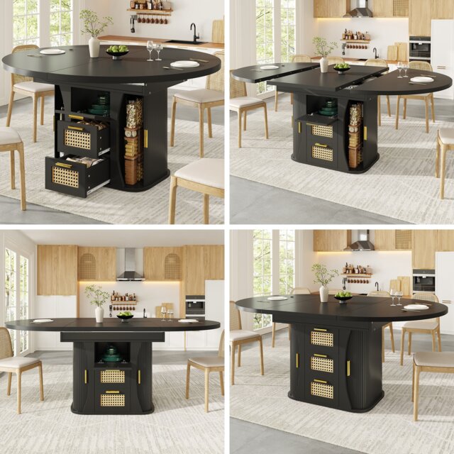 VILUXE 118-158 cm Extendable Dining Table with Rattan-Look Drawers and Integrated Storage, MDF and Metal, Black