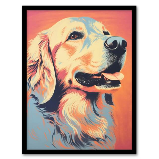 Golden Retriever Dog Pastel Tone Screen Black Framed Wall Art Print A4