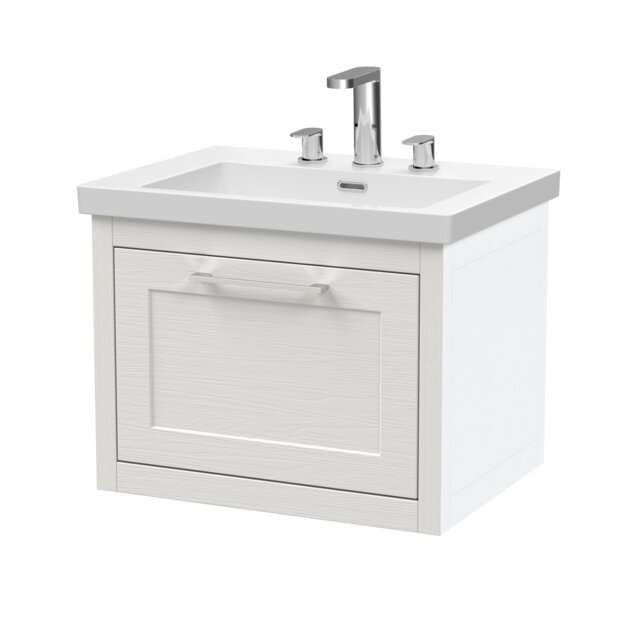 Balterley Traditional Bathroom Wall Hung 1 Drawer Vanity Unit and 3 Tap Hole Modern Fireclay Basin White Nimbus White