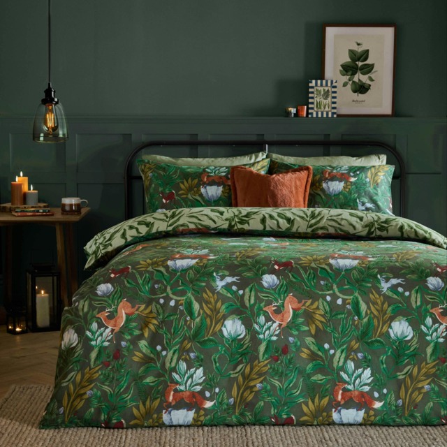 furn. Into The Woods Printed Reversible Duvet Cover Set, Super King, Green Green Super King