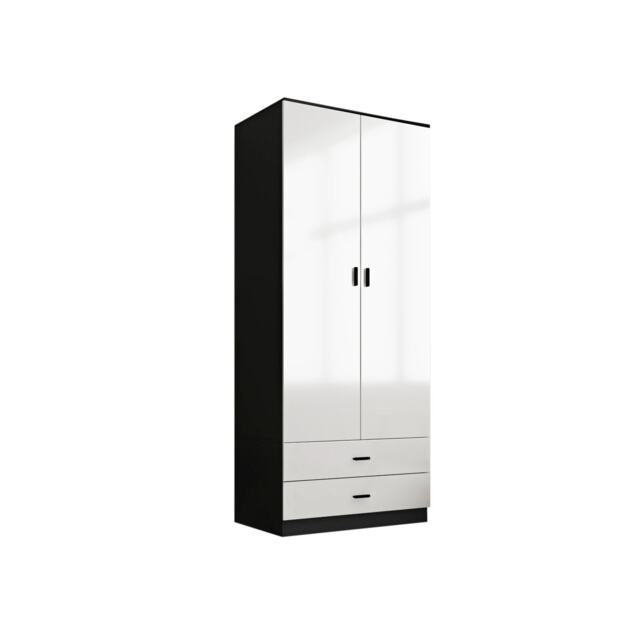 Glossy Tall 2 Door Wardrobe Bedroom Storage with Hanging Rail Modern Furniture White Black Carcass & White Drawers 1