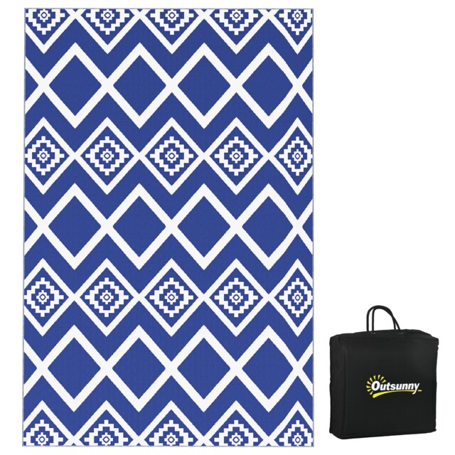 Outsunny Reversible Waterproof Outdoor Rug W/ Carry Bag, 182 x 274cm, Blue Blue Blue and White