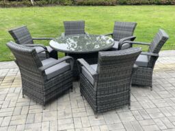 Fimous Outdoor Rattan Garden Furniture Dining Set Table And Chair Set Wicker Patio 6 Chairs Plus Round Clear Tempered Glass Table