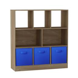 Asymmetrical 8 Oak Cube Bookcase Shelf Storage Unit with 3 Fabric Drawer Inserts Multi Oak & Dark Blue Drawer 1