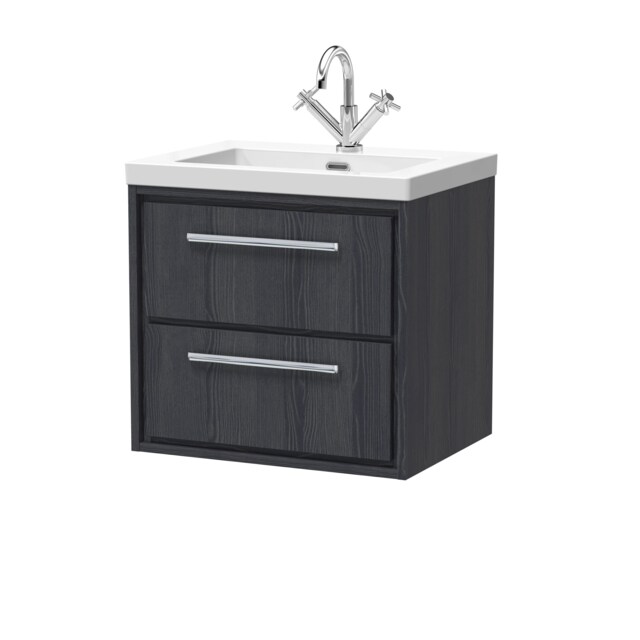Balterley Longnor 2 Drawer Wall Hung Vanity Unit with 1 Tap Hole Modern Fireclay Basin, Woodgrain Graphite Grey, 600mm