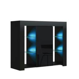 Sideboard 97.5cm Black Gloss Door Black Matt Body Glass Shelves Free LED Black