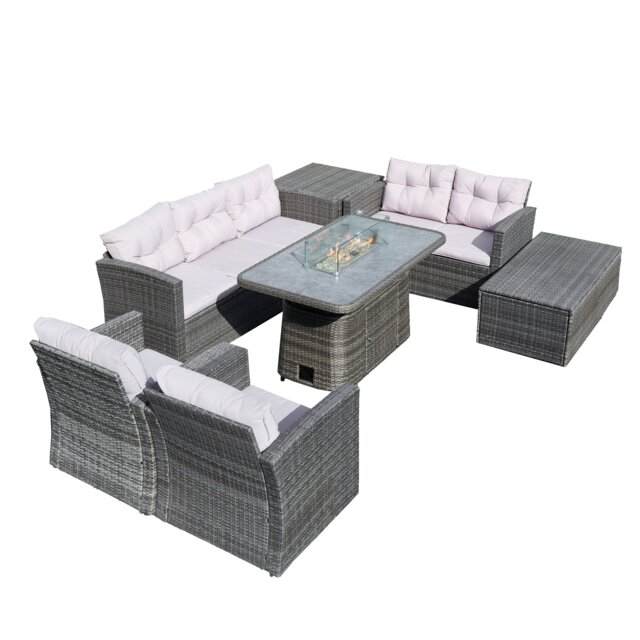 Direct Wicker 7 Seater Rattan Outdoor Sofa Set with Fire Pit Rising Table, 50,000 BTU Heating Center, Waterproof Storage Box Grey Five Plus Seater