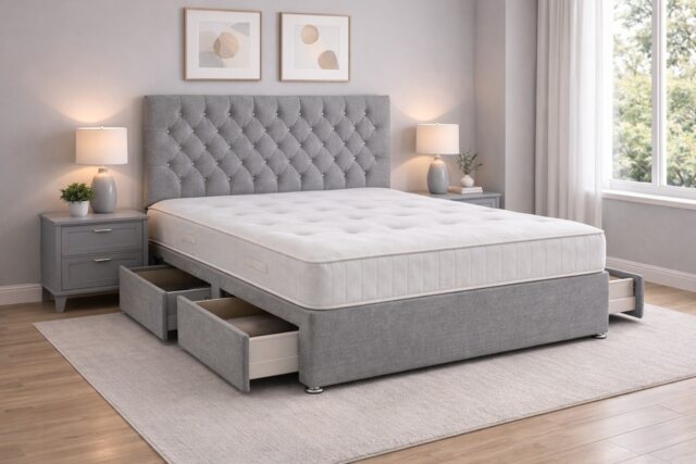 6FT Silver Linen Divan Bed With Headboard & Memory Sprung Mattress 2 Drawers Same Side