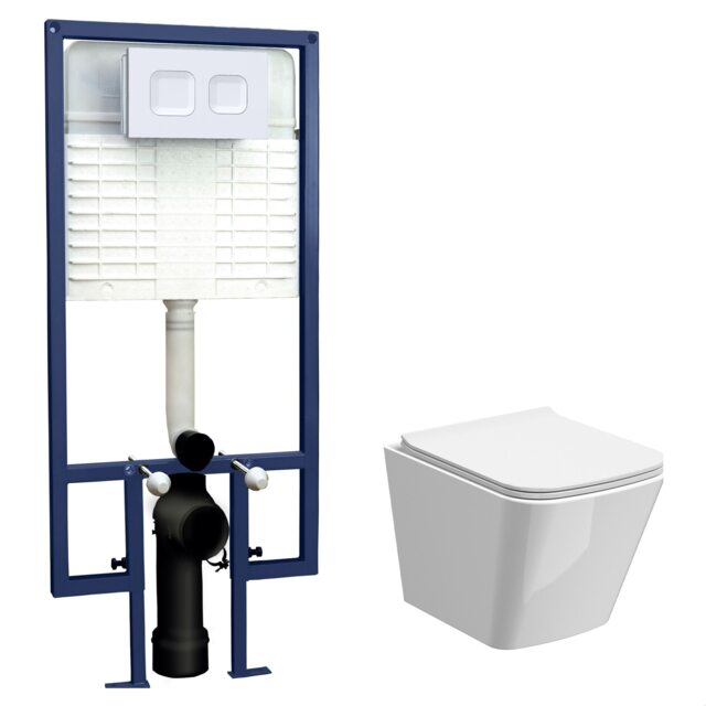 Balterley Hilderstone Contemporary Square Wall Hung Toilet Pan and Seat with Concealed Cistern and Flush Plate with Square Buttons - White