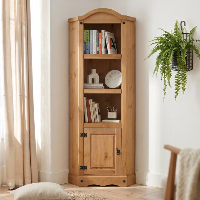 Mercers Furniture Corona Corner Display Unit 1 Door Bookcase Solid Wood Pine Wooden with Mexican Styling