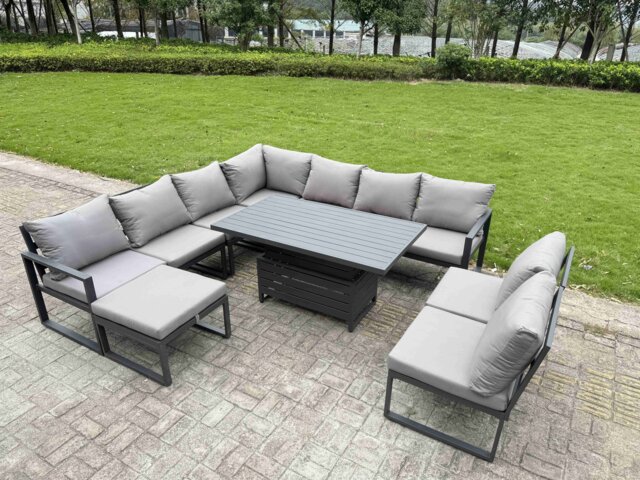 Fimous 9 Pieces Aluminium Garden Furniture Set with Cushions, Patio Furniture Set with Adjustable Rising Lifting Dining Table Big Footstool Dark Grey
