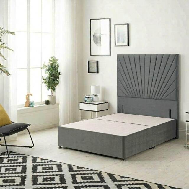 Sunburst Divan Bed with 54'' Floor Standing Headboard Plush Velvet Grey Charcoal