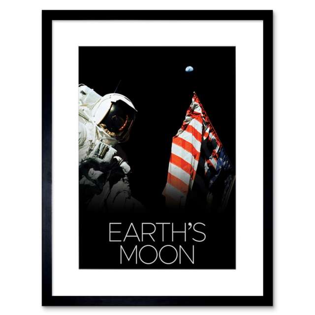 "NASA Moon Apollo 17 Moonwalk American Flag USA 9x7"" Black Framed Wall Art Print"