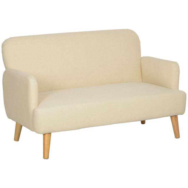 HOMCOM 2 Seater Sofa, Small Sofa Couch with 21cm Thick Padding and Wood Legs, Modern Velvet Feel Fabric Loveseat for Living Room, Bedroom, Home Office, Cream White