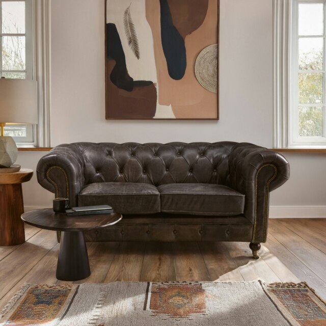 2 Seat Grey Leather Sofa-Chesterfield Design Couch With Stud Detail-Velvet Sofa With Rolled Armrests Grey Two Seater