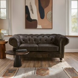 2 Seat Grey Leather Sofa-Chesterfield Design Couch With Stud Detail-Velvet Sofa With Rolled Armrests Grey Two Seater