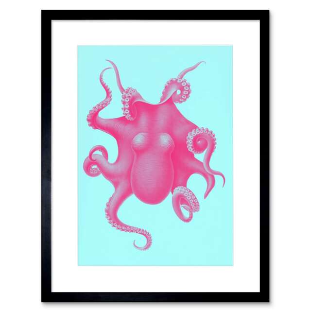 "Vintage Octopus Bright Pink Blue Sea Life Design Bathroom 9x7"" Black Framed Wall Art Print"